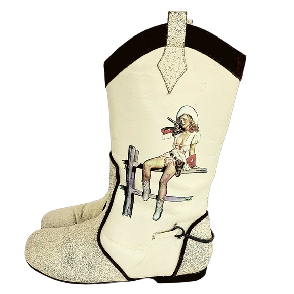 Irregular Choice Shoes - Rare Irregular Choice Cowboy Leather Boots with Pinup Girls and Faux Spurs